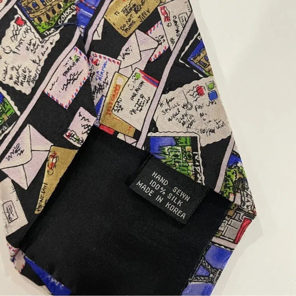 Vintage Nicole Miller 100% Silk Multicolor Postage Envelop Print‎ Tie